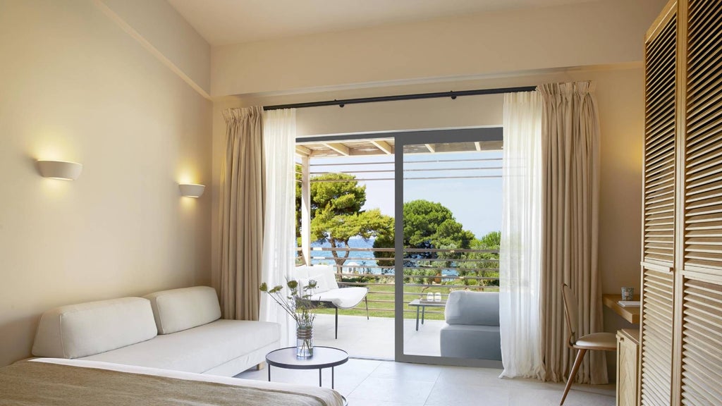 Luxurious sunset-facing suite at ELIVI resort in Skiathos, Greece, featuring elegant white decor, expansive balcony, and breathtaking Aegean Sea panorama