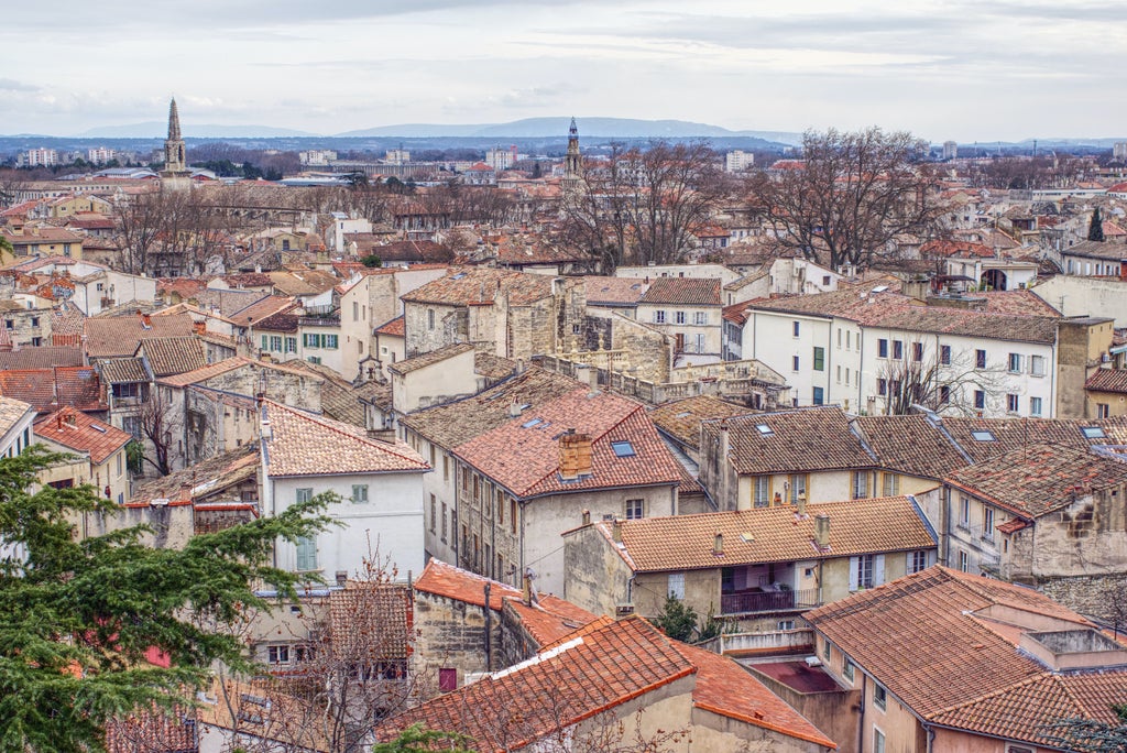 Picturesque panorama of Avignon at sunset, featuring iconic Papal Palace and historic stone bridge over Rhône river with warm golden light