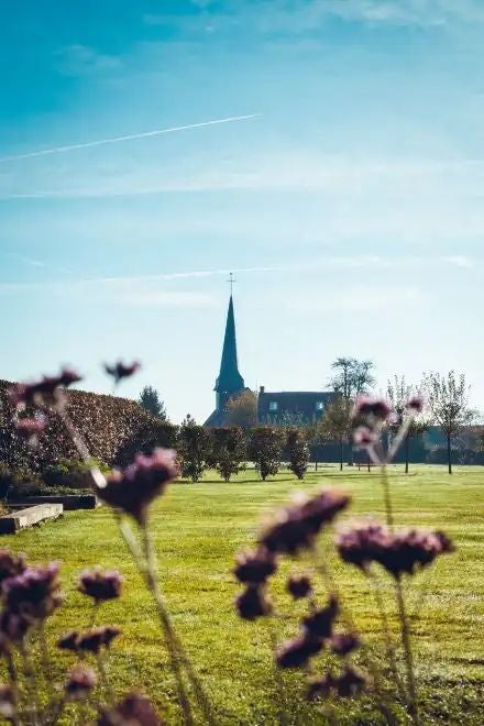 Elegant French manor house nestled in lush green countryside, featuring stone facade, manicured gardens, and classic architectural charm of Normandy