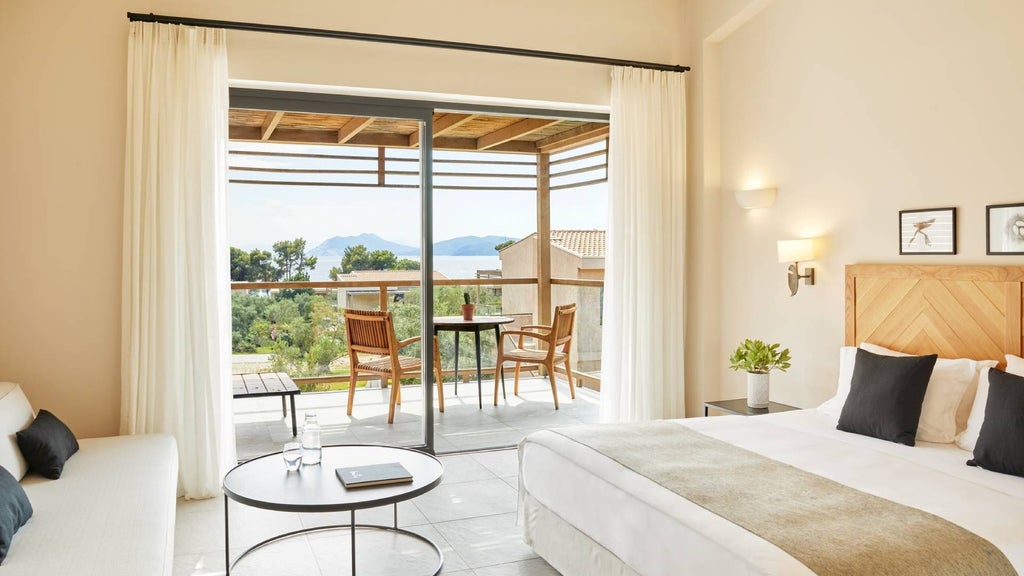 Elegant upper floor supreme deluxe room at ELIVI Skiathos hotel, featuring minimalist design, soft neutral tones, and stunning sea view through large windows