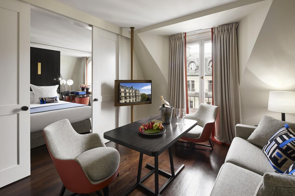 Elegant junior suite at Hotel Montalembert in France, featuring plush white bedding, modern minimalist decor, and soft natural lighting from large windows.