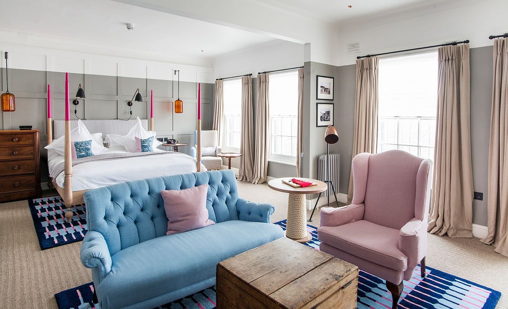 Elegant coastal hotel room with crisp white linens, nautical blue accents, and large windows overlooking serene Southwold landscape, embodying refined maritime charm