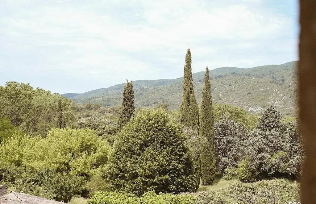 Lavish Provençal stone hotel with terracotta roof, surrounded by lush lavender fields and cypress trees in scenic French countryside landscape