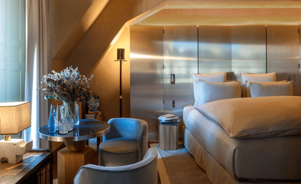 Elegant Parisian hotel room with soft blue walls, ornate golden headboard, luxurious king bed, and intricate herringbone wooden floors at Cour des Vosges