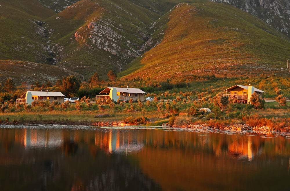 Luxury glamping tent with wooden deck overlooking rolling vineyards and mountains, warm sunset light illuminating the canvas exterior