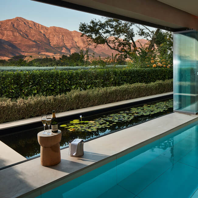 Elegant Cape Dutch manor house with white-washed walls and gabled roof set amid manicured gardens and vineyards in Franschhoek Valley