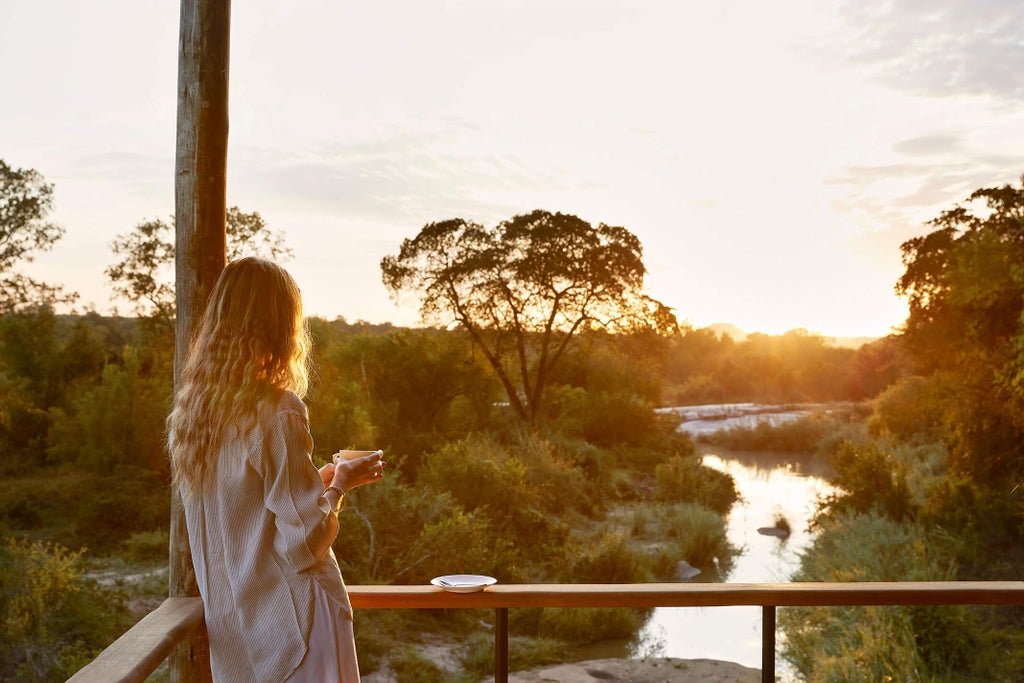 Elegant safari lodge with thatched-roof suites overlooking Kruger riverbank, surrounded by acacia trees and natural bushland