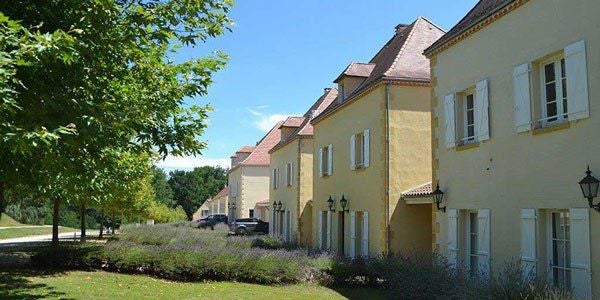 Elegant French château with manicured gardens, stone facade, and blue shutters nestled in lush Dordogne countryside near scenic vineyards.