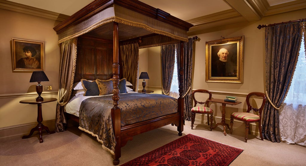 Elegant Georgian-style luxury hotel room with plush velvet furnishings, ornate period artwork, and rich emerald green color palette in United Kingdom boutique accommodation