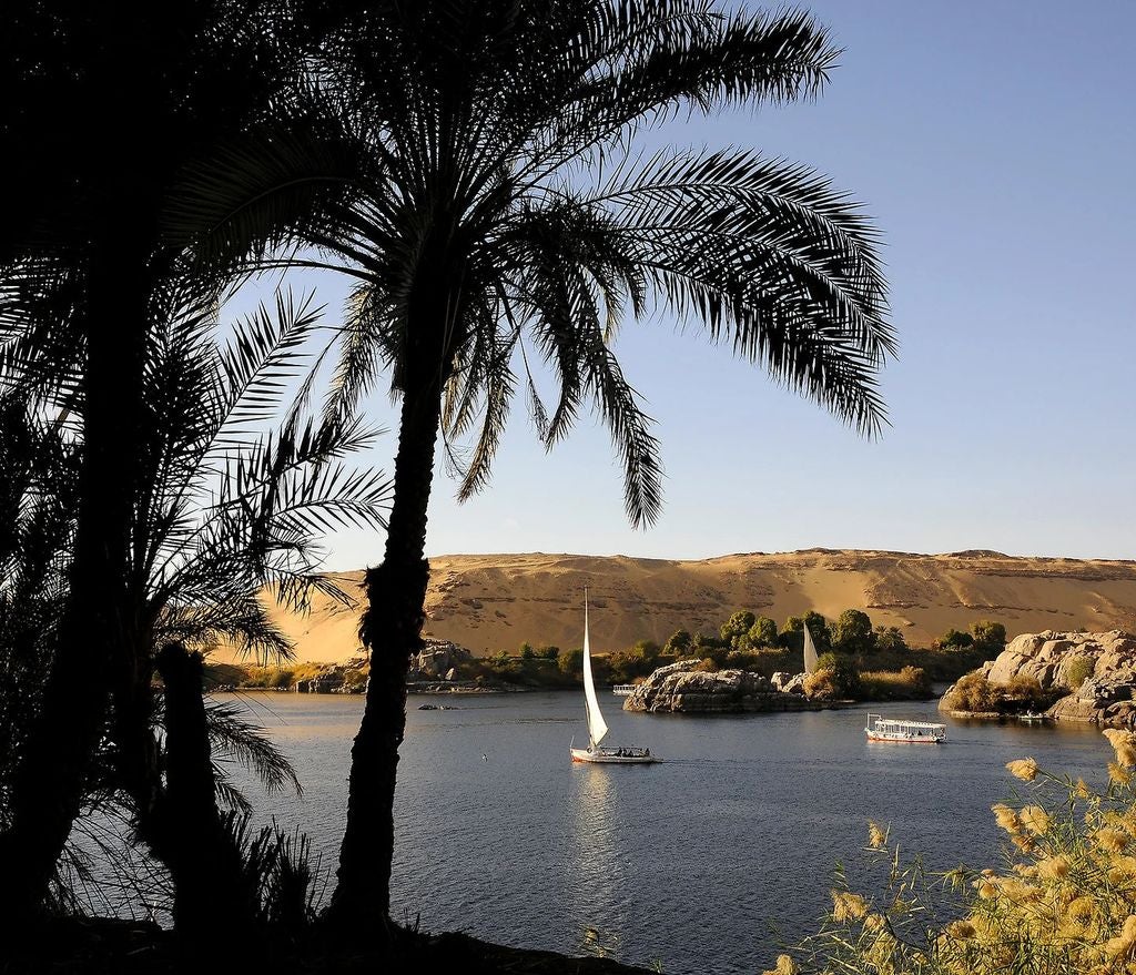 Elegant five-star river cruise ship on the Nile with ornate golden details, white exterior, and multiple decks reflecting in calm waters