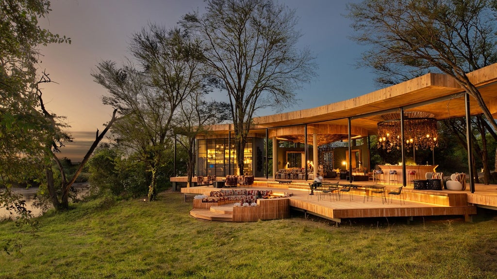 Luxurious safari lodge with thatched roof overlooking Serengeti plains, featuring infinity pool and expansive wooden deck at sunset