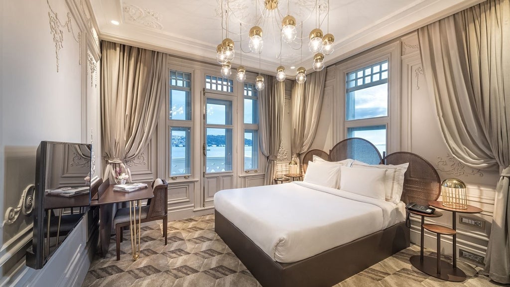 Luxurious hotel room in Turkey with stunning Bosphorus view, elegant modern decor, plush king bed, and floor-to-ceiling windows overlooking scenic waterscape