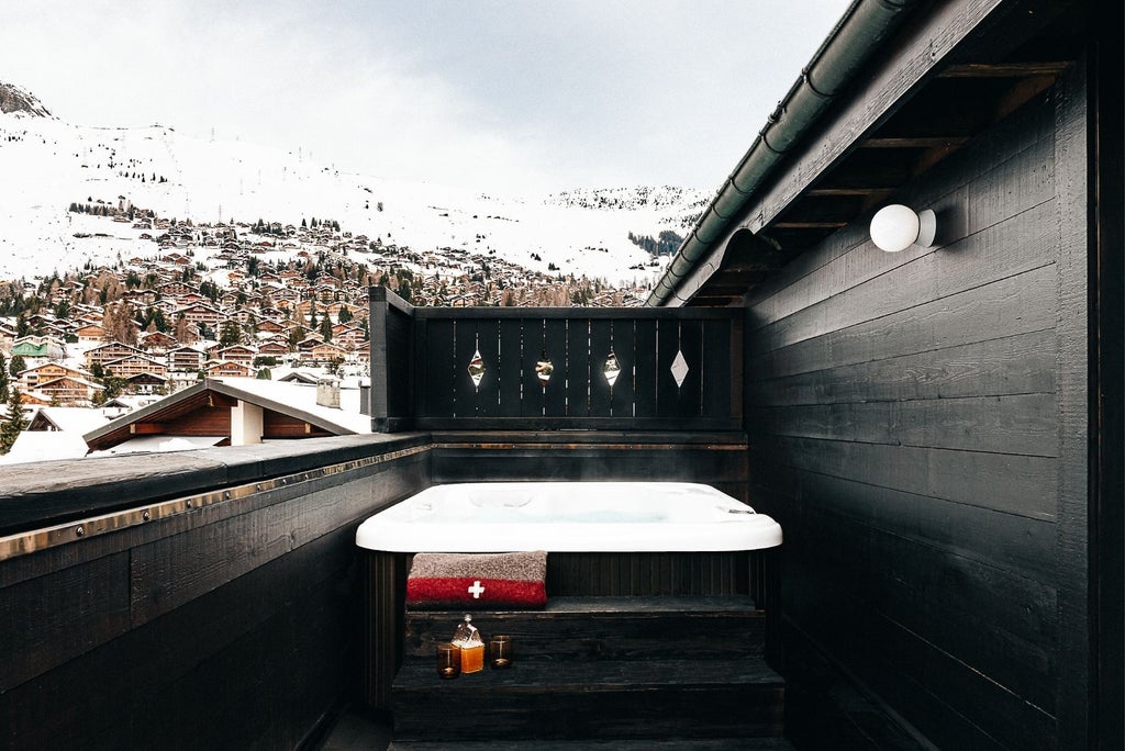 Luxurious alpine chalet with panoramic mountain views, featuring modern minimalist design, sleek wooden interiors, and expansive floor-to-ceiling windows overlooking Swiss landscape