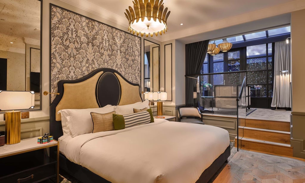 Elegant Garden Suite at luxury boutique hotel, featuring plush king bed, vintage-inspired decor, and soft natural light streaming through large windows