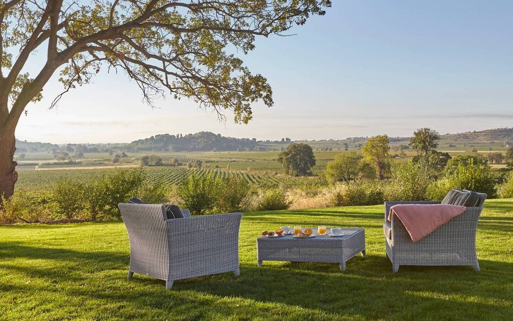 Luxurious French château hotel nestled in scenic vineyard landscape, with elegant stone architecture and lush green surroundings under soft golden sunlight