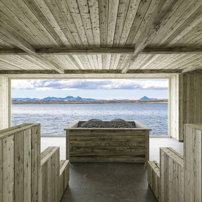 Relax in the hot sauna with a view onto the cold mountains around Reykjavik