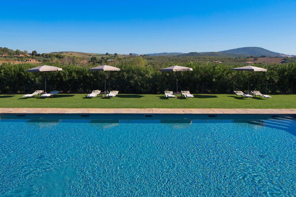 Rustic stone Tuscan villa with terracotta roof, surrounded by lush cypress trees and lavender fields at golden sunset near scenic coastline