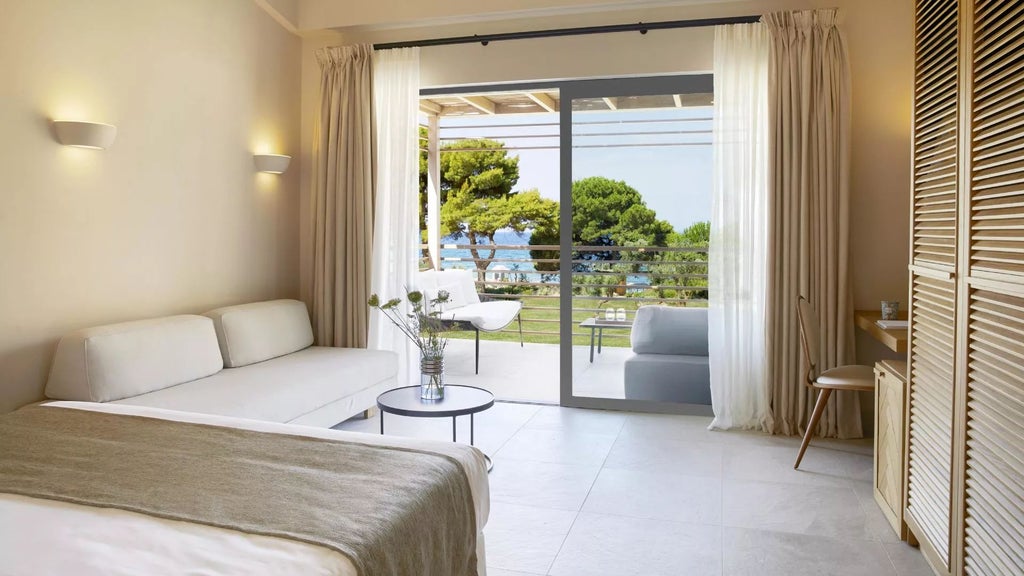 Luxurious sunset-view suite at ELIVI Skiathos hotel, featuring elegant white decor, plush king bed, and panoramic Aegean Sea vista through large windows.