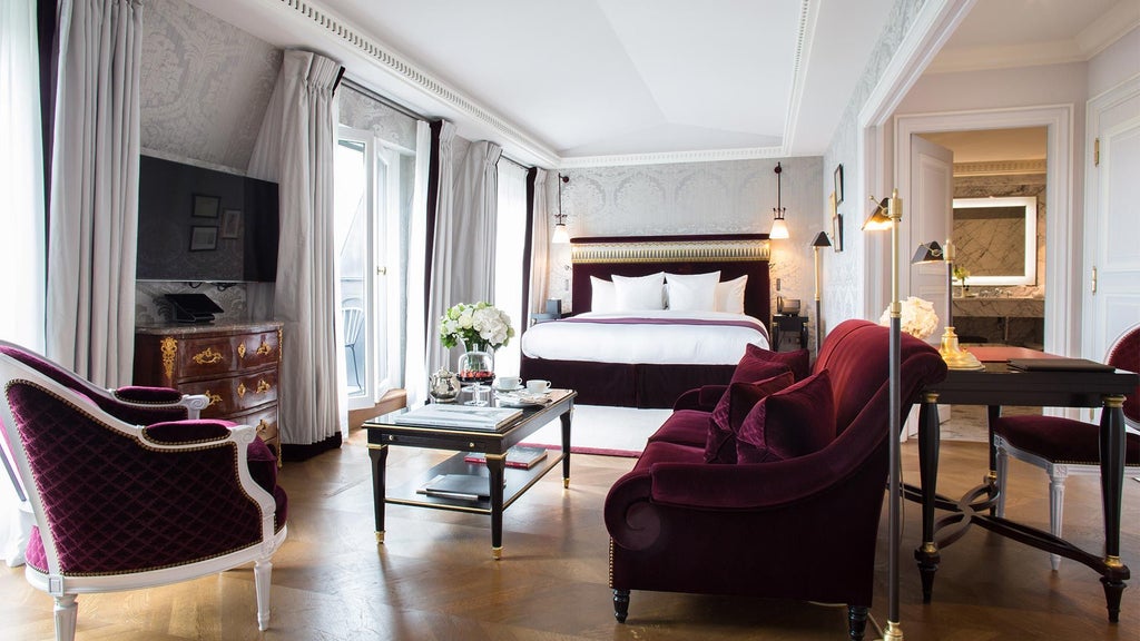 Opulent Parisian hotel suite with elegant neutral decor, plush king bed, modern fireplace, and panoramic city views of the iconic Eiffel Tower landscape