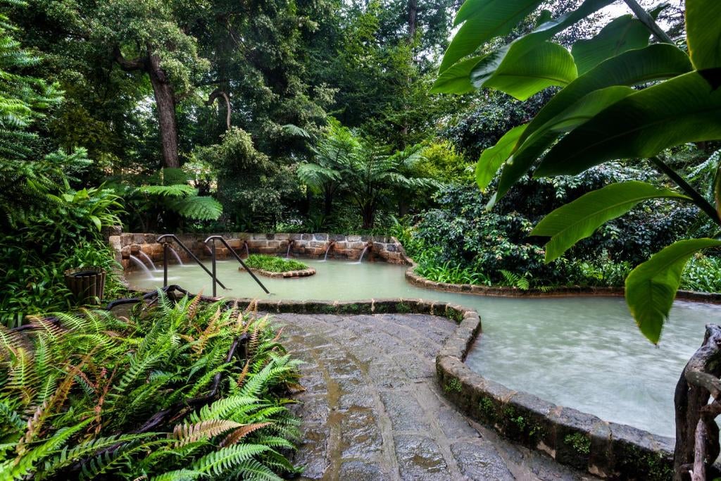 Elegant colonial-style hotel with terracotta roof and white facade nestled among lush botanical gardens in the Azores, Portugal