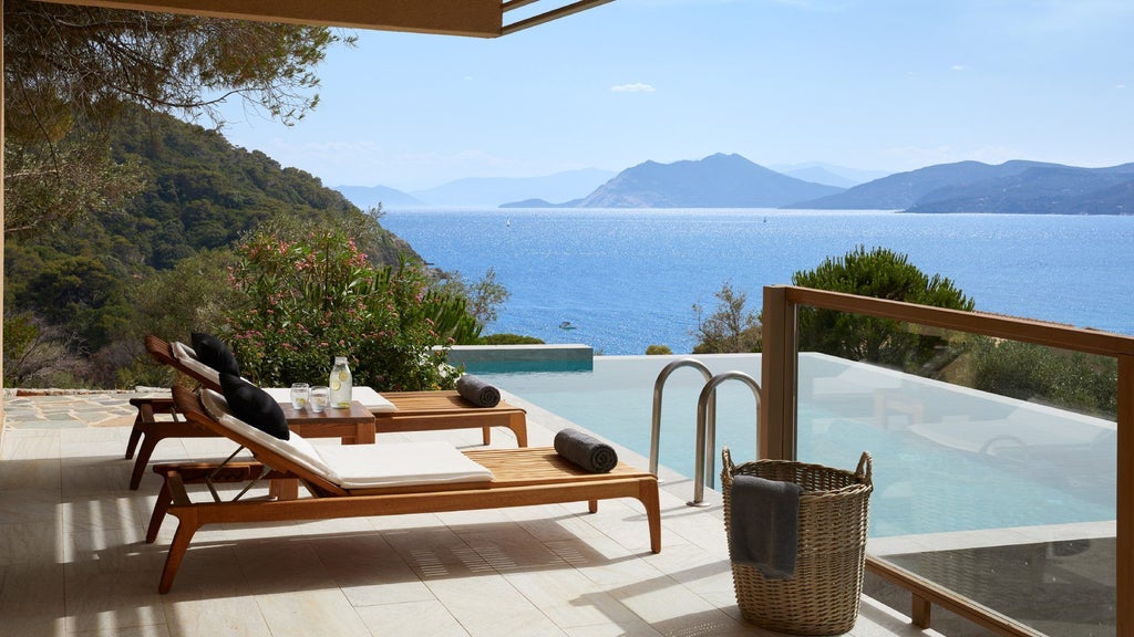 Luxurious premium suite with private infinity pool overlooking azure Aegean Sea, sun-drenched terrace and modern minimalist design in Skiathos, Greece