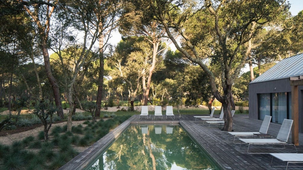 Luxurious white minimalist villa with clean lines nestled in coastal dunes, surrounded by native vegetation at a high-end resort in Portugal.