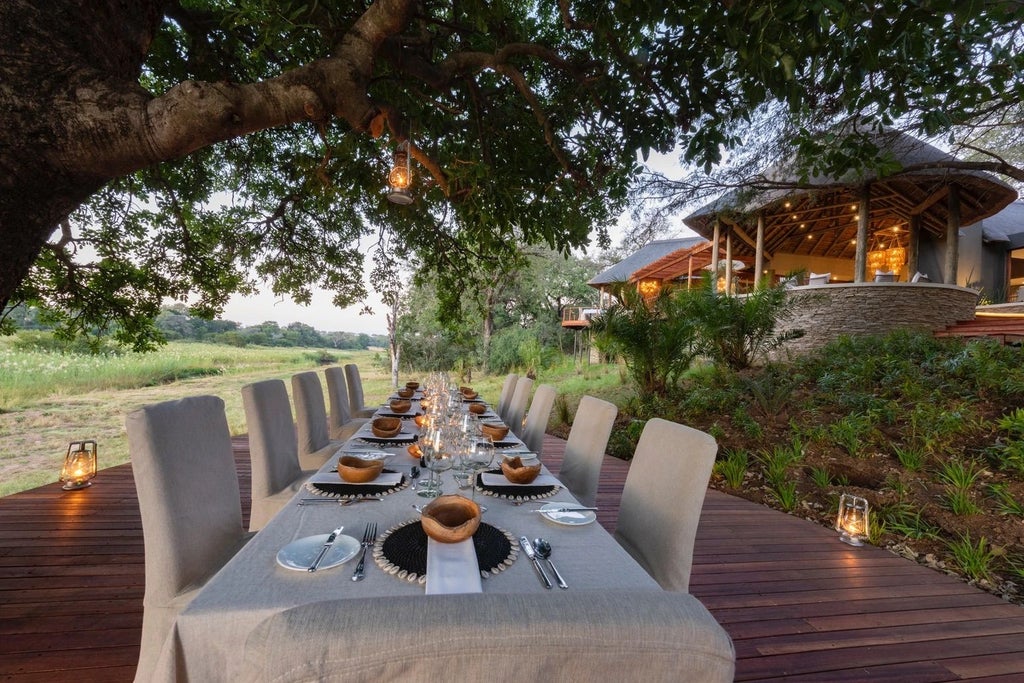 Luxurious safari lodge overlooking riverbank with private infinity pool, thatched roof deck, and natural stone accents in African savanna