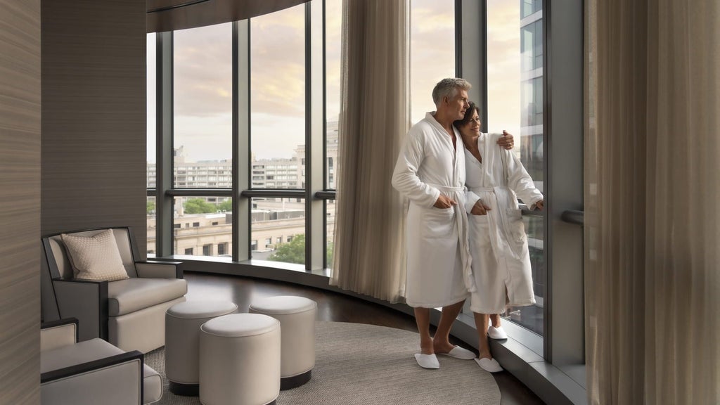 Modern luxury high-rise hotel tower with sleek glass facade, illuminated at dusk, reflecting Boston's skyline with contemporary architectural design