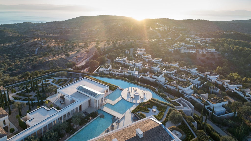 Luxurious white stone pavilion overlooking the Aegean Sea, featuring Grecian columns and infinity pool against a Mediterranean sunset