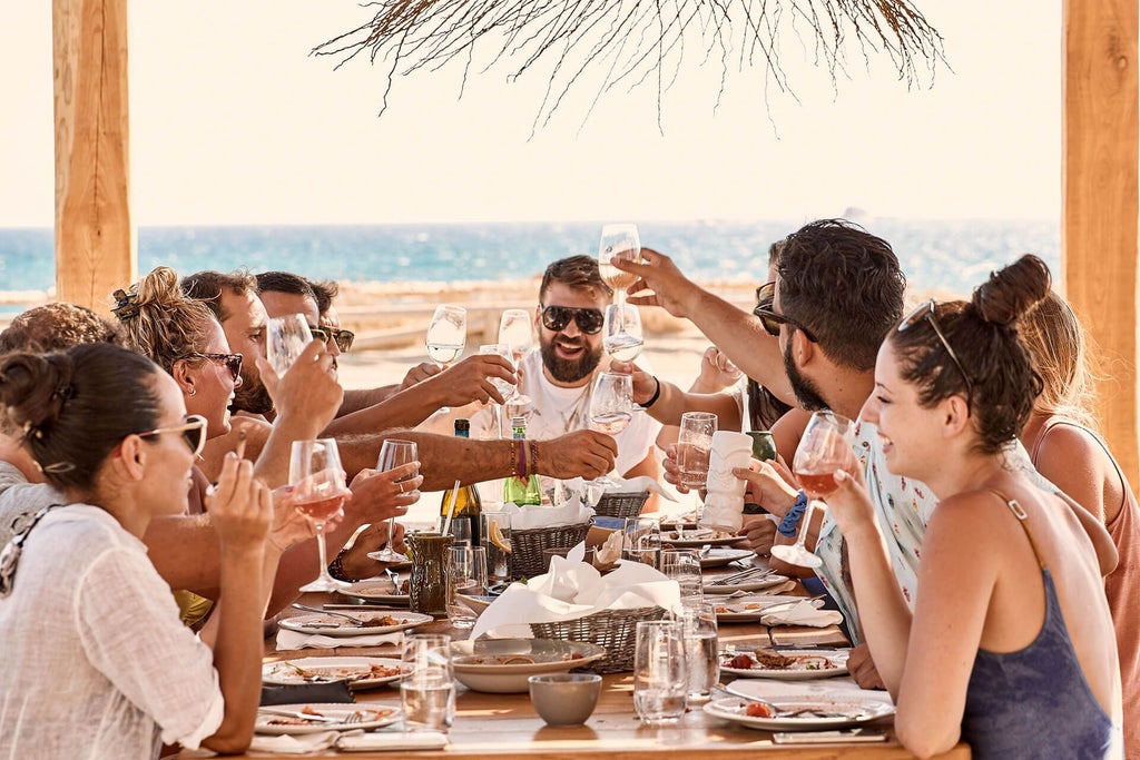 Luxurious beachfront hotel with white-washed Cycladic architecture, crystal-clear Aegean waters, and pristine sandy shoreline in scenic scenset, Greece.