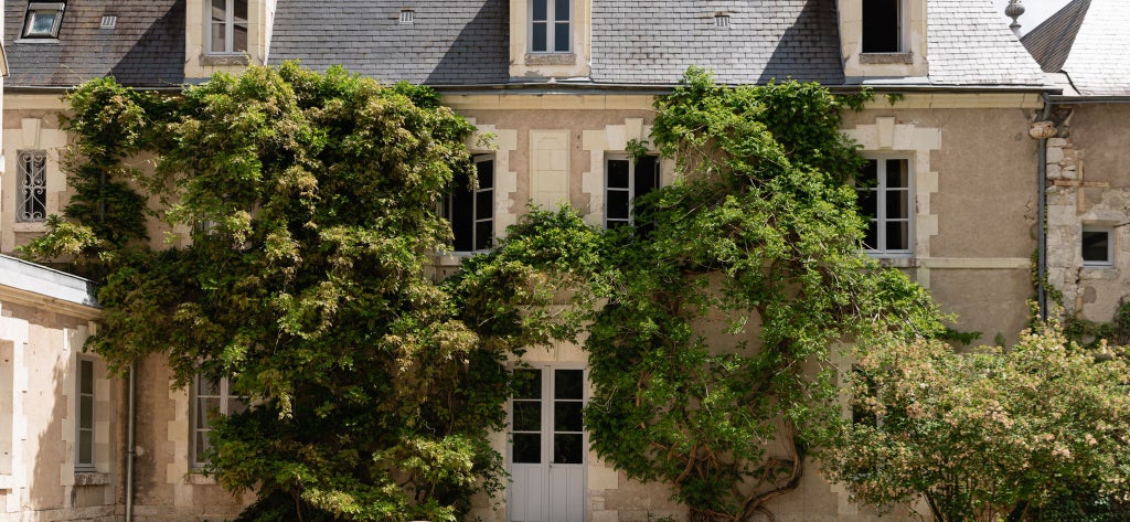 Elegant French château-style hotel nestled in lush green landscape, featuring stone architecture, manicured gardens, and soft natural lighting at dusk