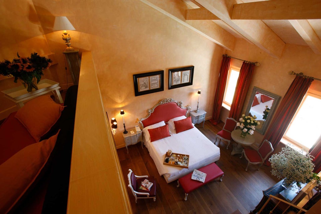 Elegant Tuscan-style deluxe hotel room with mezzanine, featuring rich wooden furnishings, soft neutral tones, and luxurious Mediterranean design elements