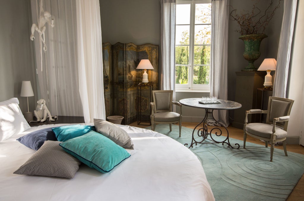 La Divine Comedie's grand mansion with elegant stone facade, ornate balconies and lush gardens in afternoon sunlight, Avignon, France