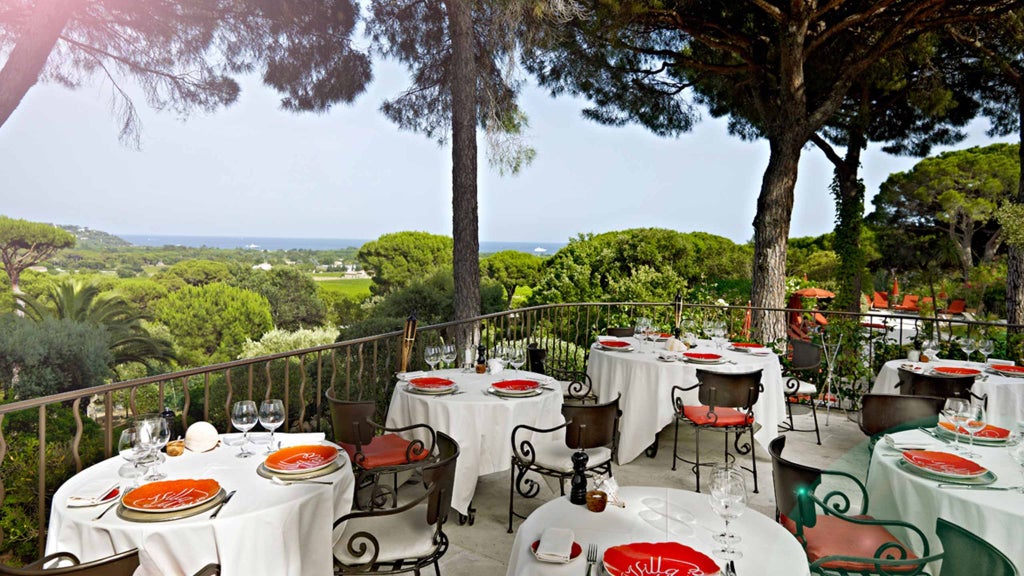 Luxurious white Mediterranean villa with blue shutters overlooking lush gardens and azure pool, capturing the essence of Saint-Tropez elegance and coastal charm