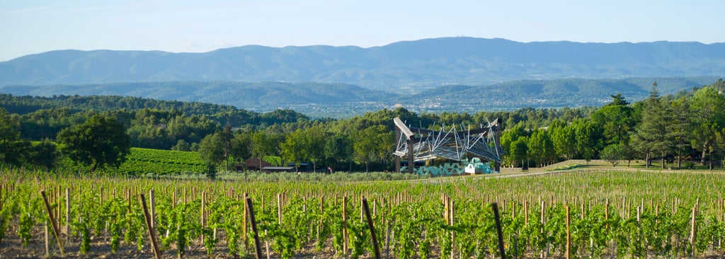 Sleek modern hotel nestled in French vineyard, featuring floor-to-ceiling windows, minimalist architecture and panoramic countryside views