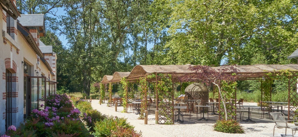 Elegant stone château hotel nestled in lush French countryside, with manicured gardens, classic architecture, and warm evening light casting golden hues