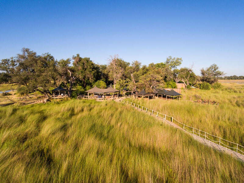 Luxurious safari tent lodge on elevated wooden deck overlooking Okavango Delta wetlands, with private plunge pool and lounge area