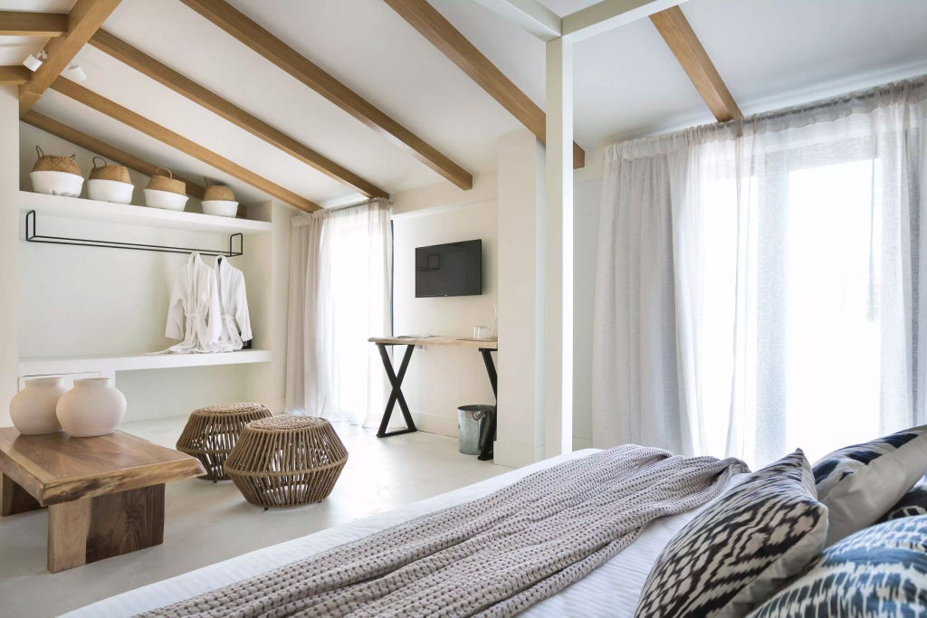 Luxurious master suite at scenset hotel featuring elegant white decor, spacious Jacuzzi, and panoramic azure Aegean Sea views from private balcony