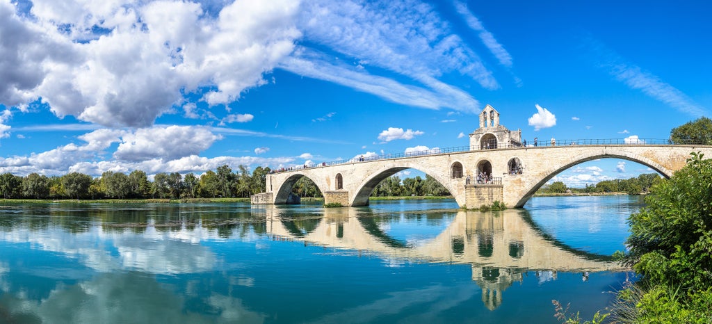 Elegant walking tour of Avignon's historic center, featuring medieval stone architecture, Papal Palace, and vibrant Provençal streetscape under soft golden sunlight