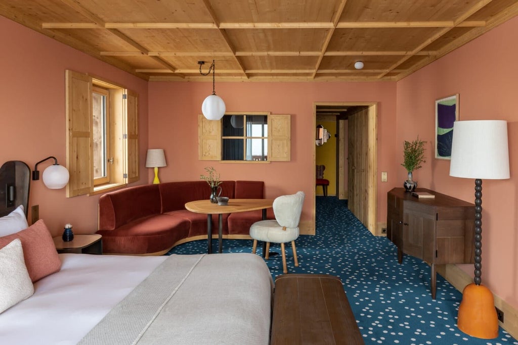 Elegant deluxe junior suite with alpine-inspired design, featuring plush white bedding, wooden accents, and panoramic mountain view through large windows