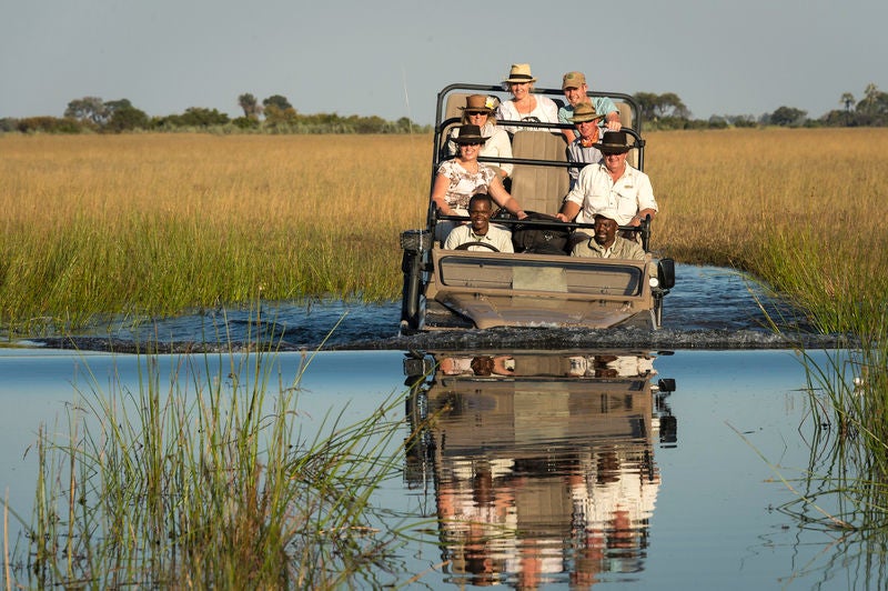 Elevated luxury safari lodge with wooden walkways connecting thatched suites, overlooking Okavango Delta's lush floodplains at sunset