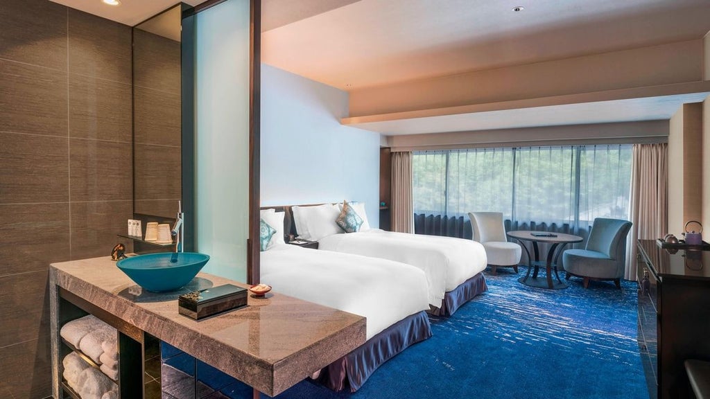 Elegant Japanese-inspired presidential suite with traditional wood accents, minimalist design, expansive city view, luxurious king bed, and serene Kyoto aesthetic