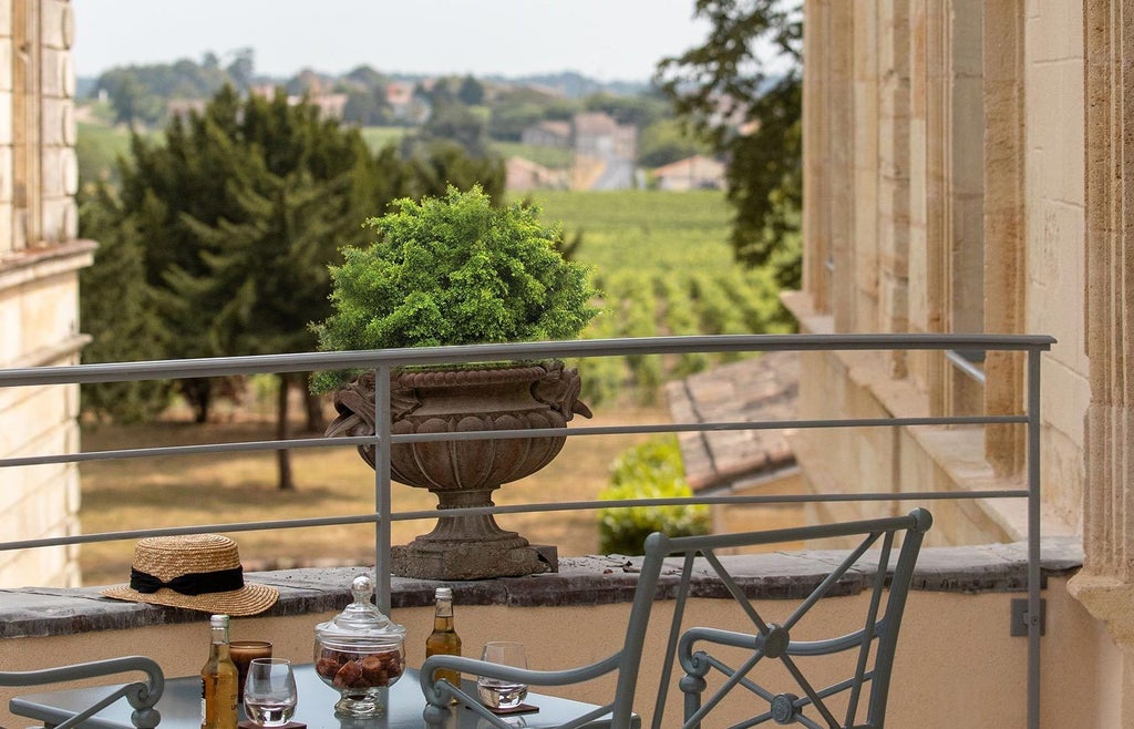 Elegant French terrace suite with modern minimalist decor, warm wood tones, plush white linens, and expansive countryside view at La Maison d'Estournel