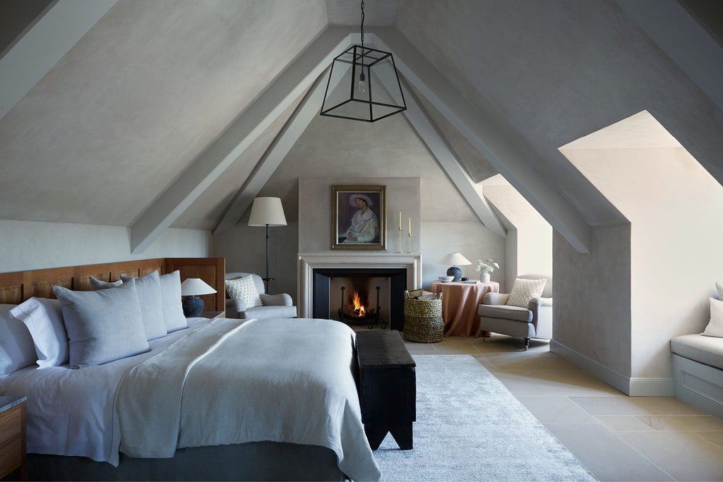 Elegant long hotel room at Heckfield Place with soft natural light, soft gray walls, plush white bed, and minimalist luxury furnishings in serene United Kingdom setting