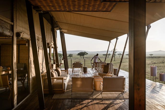 Enjoy views onto the Grumeti Reserve from the main lounge tent