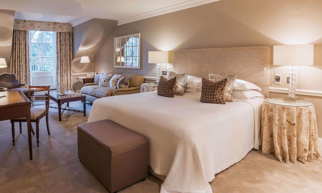 Elegant estate room at Chewton Glen Hotel & Spa, featuring plush king bed, soft neutral tones, classic British decor, and expansive woodland view window