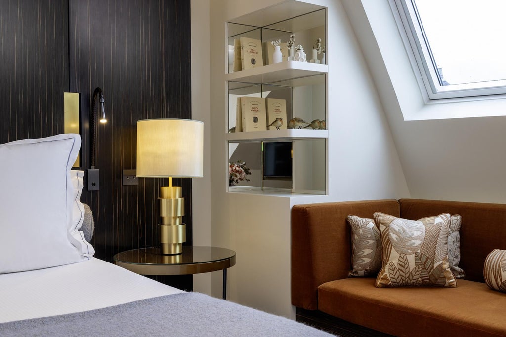 Elegant Parisian suite with modern design, plush king bed, contemporary artwork, soft neutral tones, and expansive window overlooking chic urban landscape