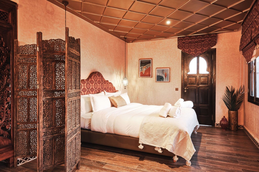 Traditional Moroccan riad with ornate archways, mosaic tiles and central courtyard fountain framed by palm trees and flowering plants