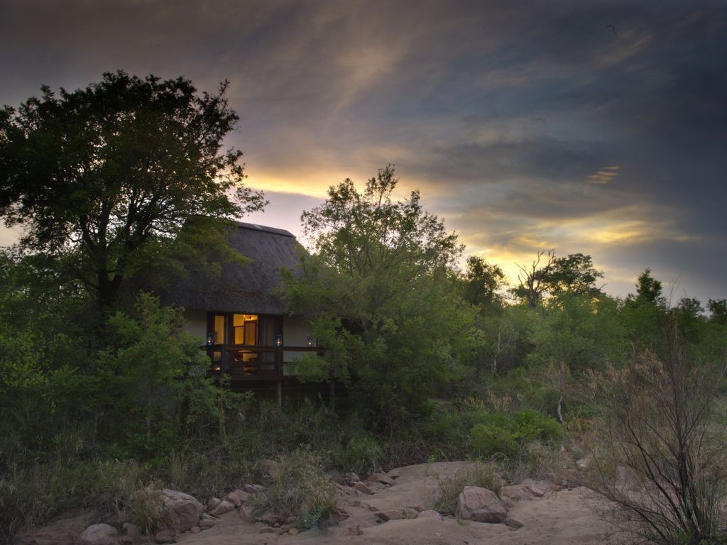 Luxurious safari lodge suite with private plunge pool overlooking African bush, featuring thatched roof and wooden deck terrace